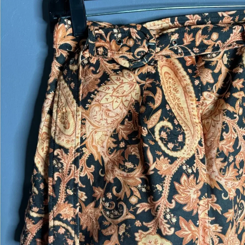 Charlie Holiday Black and Tan Paisley Print High Waist Belted Shorts 6
